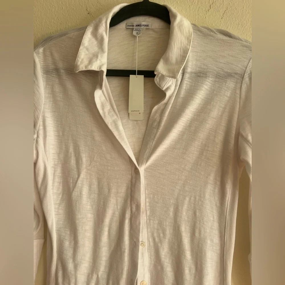NWT $185 James Perse White Button-Down Shirt Sheer Slub Side Panel Blouse Size 3 - Picture 7 of 12